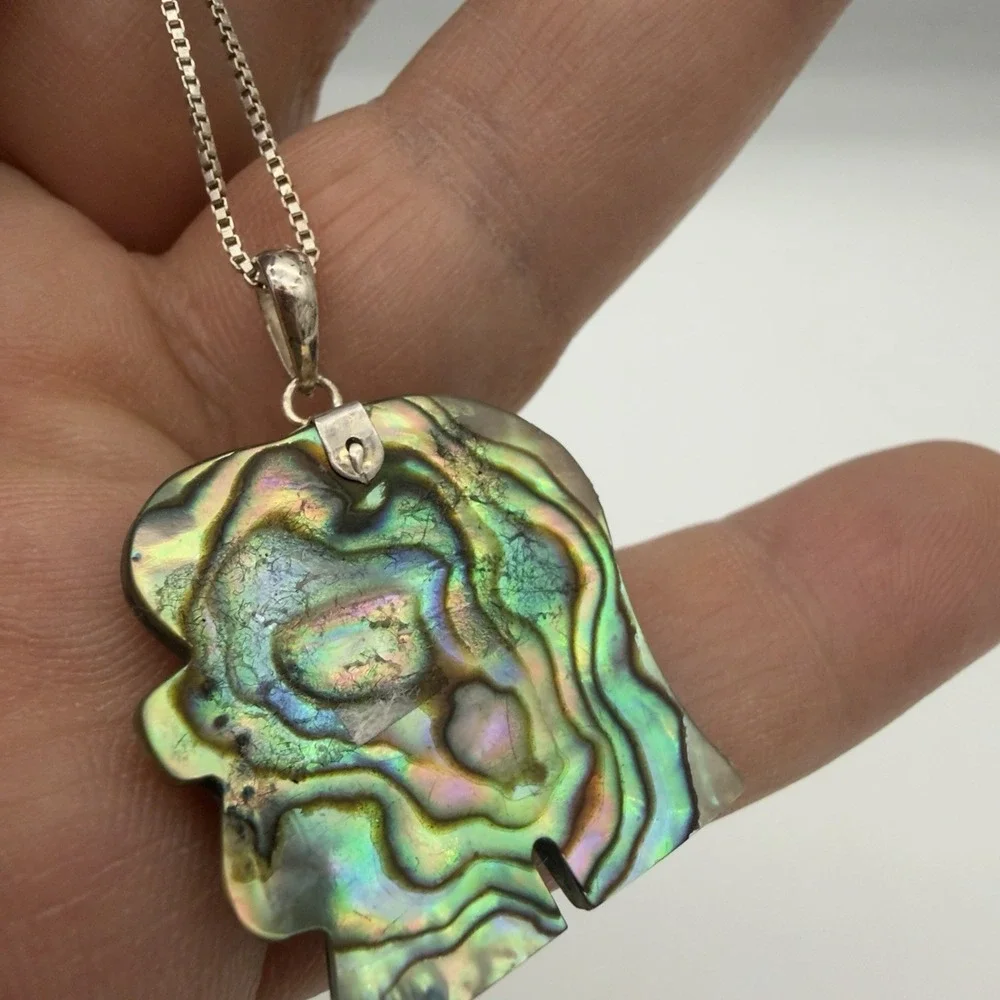 Vtg Abalone Shell Sterling Silver Necklace Elephant Chinese Good Luck Pendant